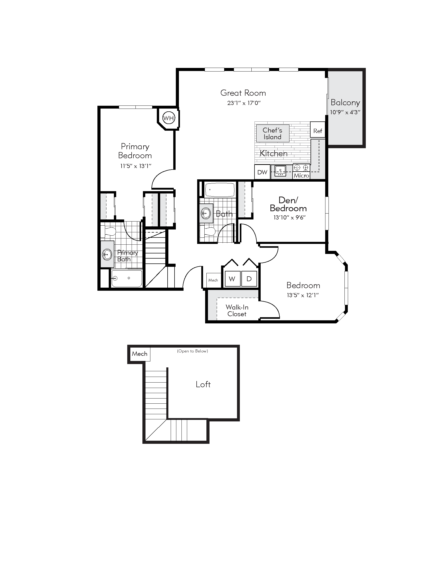 Floor plan for 3 beds, 2 baths, 1227 sqft